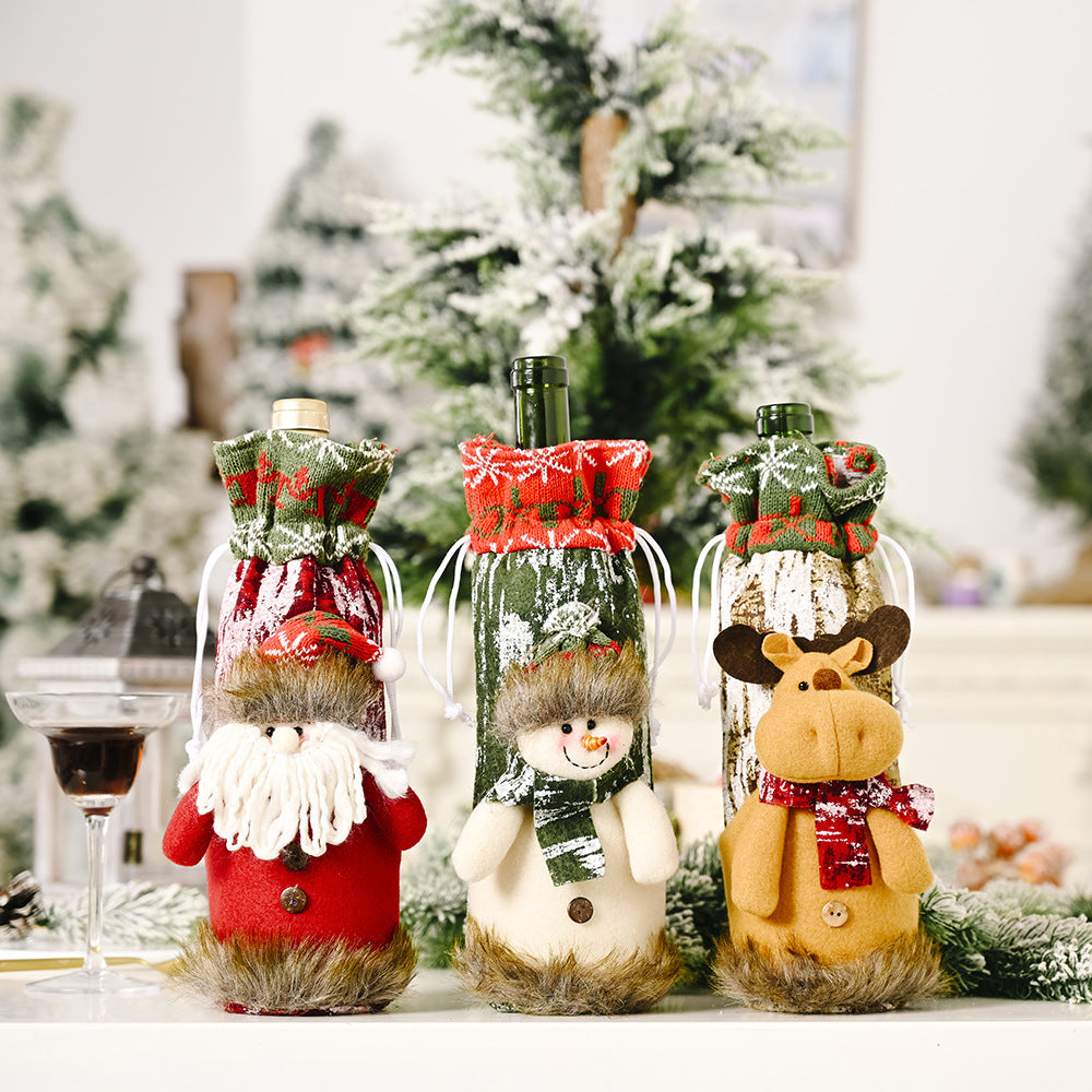 Wholesale Christmas Decoration Splies Knitting Faux Bark Fabric Wine Bottle Cover