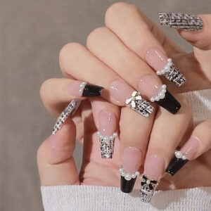 Wholesale Black French Chanel Long Pink Wearable Fake T-stick Nail Art