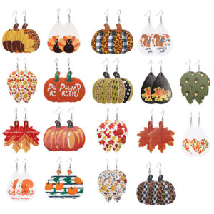 Wholesale Thanksgiving Pumpkin Turkey Festival Skin Maple Leaf PU Earrings