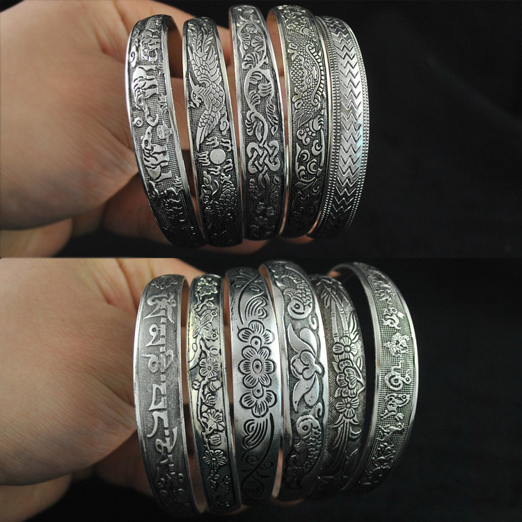 Wholesale European and American Retro Xizang Silver Bracelets Miao Silver Bracelets Elephant Carved Open Women's Dragon and Phoenix Bracelets Ethnic S