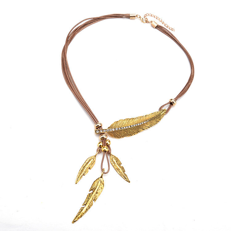 Wholesale Feather Leaves with Diamond Black Leather Rope Alloy Necklaces