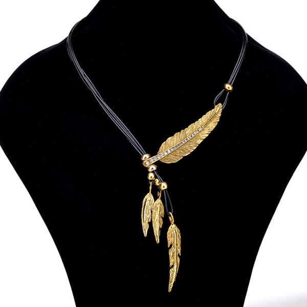 20639048375_773361498 Wholesale Feather Leaves with Diamond Black Leather Rope Alloy Necklaces