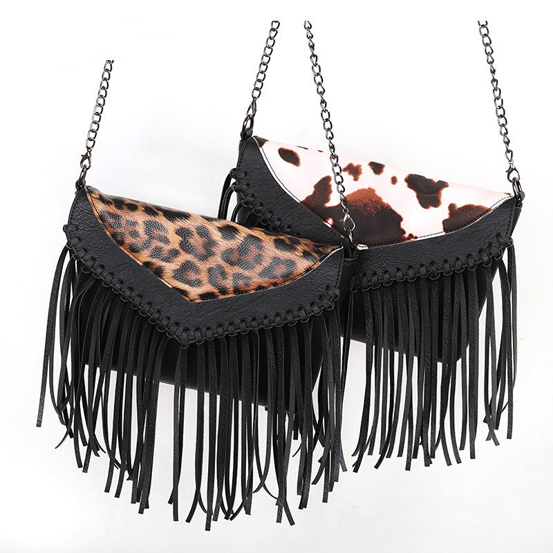 Wholesale PU ing Leopard Pattern Tied Tassel Shoulder Bag