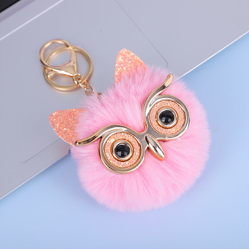 Wholesale Gold wder Sequin Owl Imitation Otter Rabbit Fur Ball Keychain