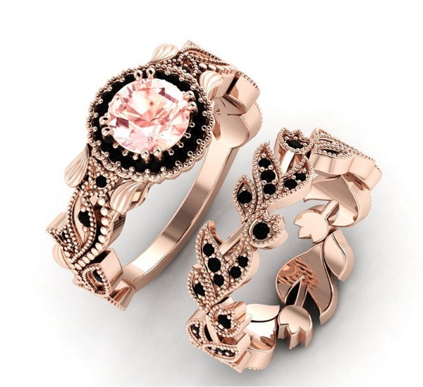 Wholesale Rose Pink Zircon Alloy Rings 2-piece Set