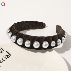 Woven flannelette pearl headband-No. 2 coffee / Qiyue factory direct sales (can be customized)