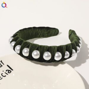 Woven flannelette pearl headband-Army Green No. 24 / Qiyue factory direct sales (can be customized)