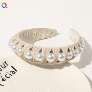 Woven flannel pearl headband -11 Beige / Qiyue factory direct sales (can be customized)