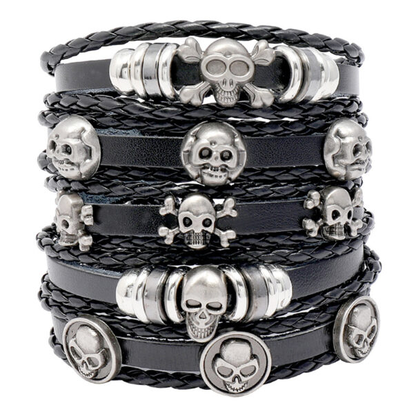22408863675_2118088041 Wholesale Beaded Skull Halloween Leather Bracelet