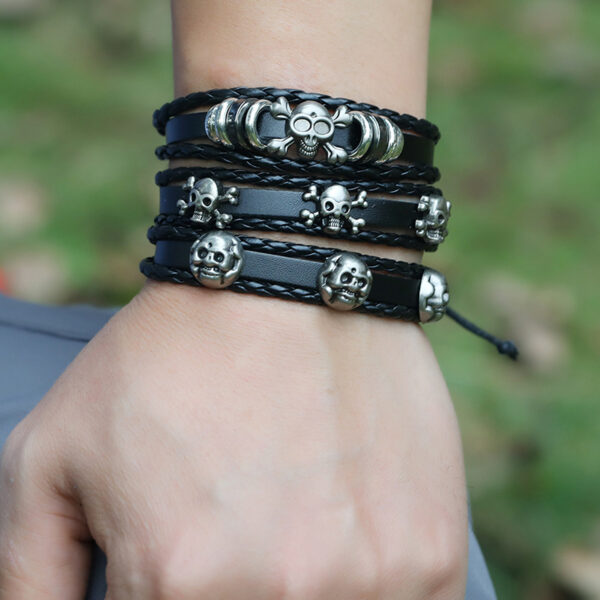 22408881020_2118088041 Wholesale Beaded Skull Halloween Leather Bracelet