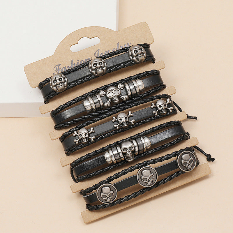 Wholesale Beaded Skull Leather Bracelet