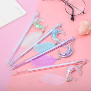 Wholesale Plastic Sequin Moon Feather Pendant Ballpoint Pen