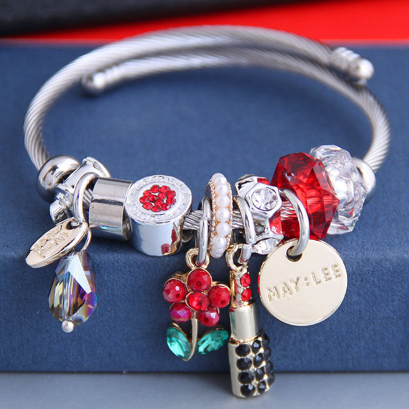 Wholesale Stainless Steel Wire Crystal Suower Lipstick Pearl Tassel Bracelet