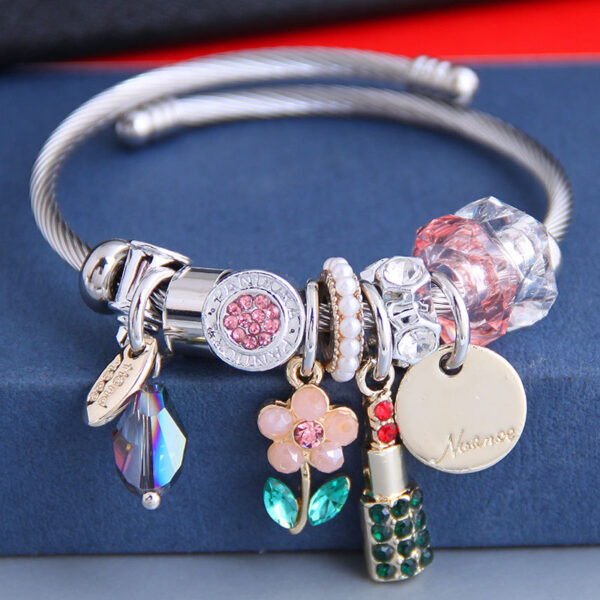Wholesale Stainless Steel Wire Crystal Sunflower Lipstick Pearl Tassel Bracelet