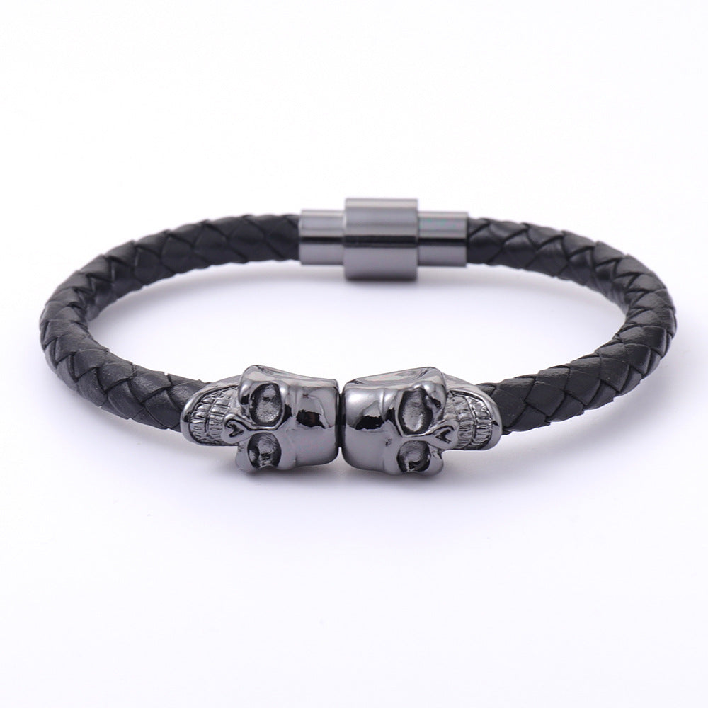 Wholesale men's cowhide punk style skull head Bracelet