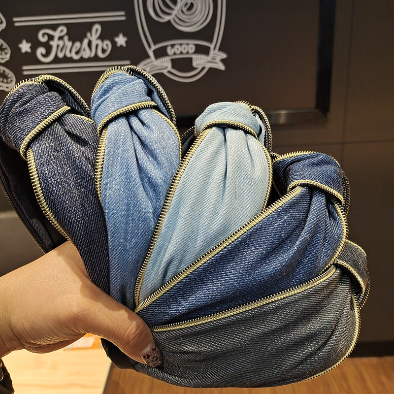 Wholesale Denim Wide Brim Fabric Zipper Headband