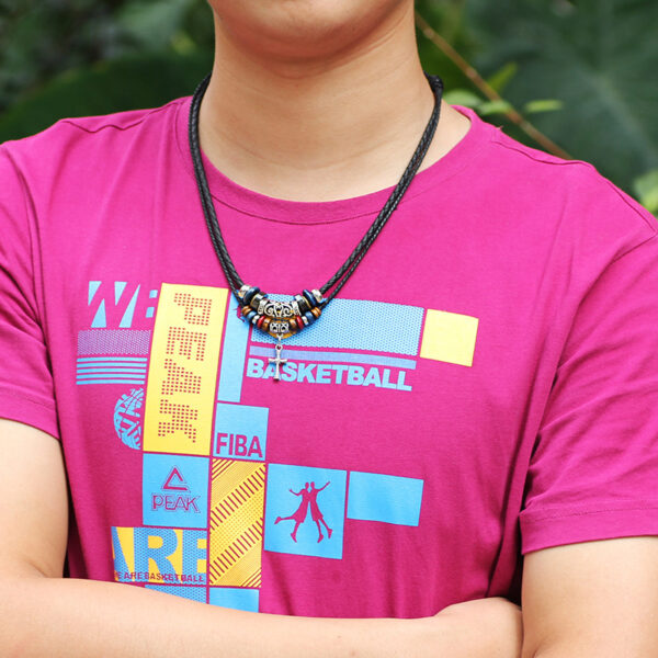 Wholesale Cross Braided Leather Cord Vintage Wood Bead Pendant Alloy Necklaces