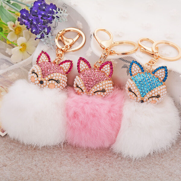 2520437208_949518863 Wholesale Diamond Fox Head Rabbit Hair Hairball Zinc Alloy Keychains