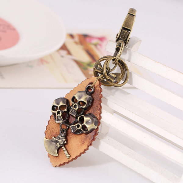 Wholesale Leather Retro Punk Bronze Skull Keychain