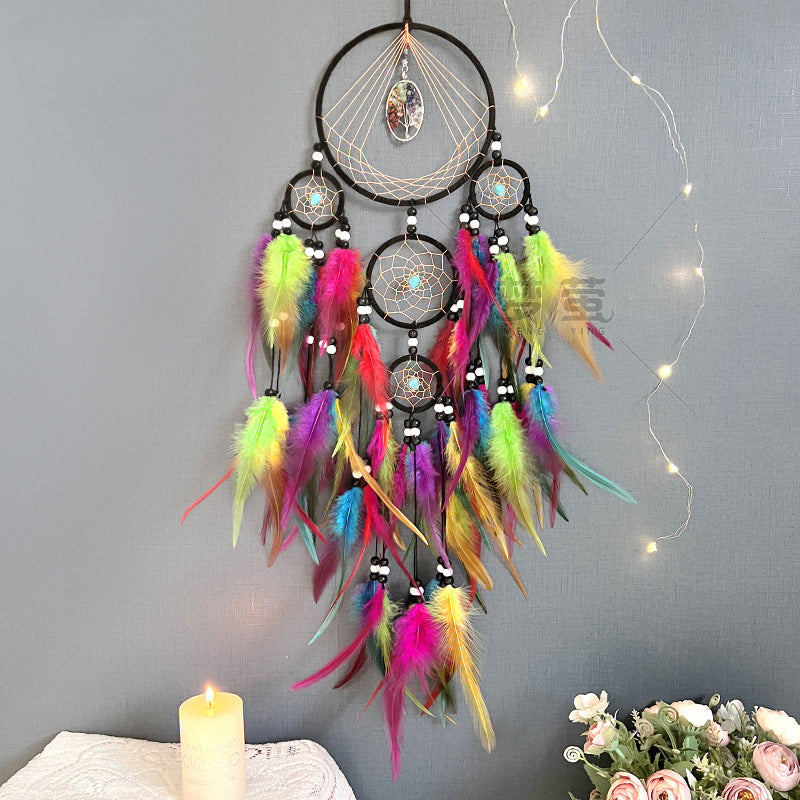 Wholesale colorful eam catcher wind chime natural crystal feather decoration