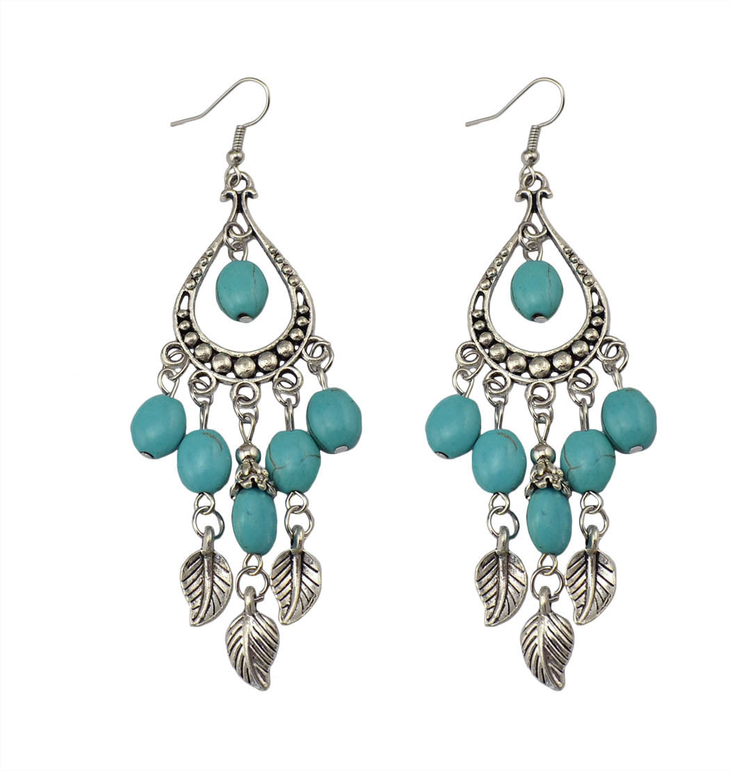 Wholesale Leaf Branch Tassel Turquoise Long op Shape Earrings