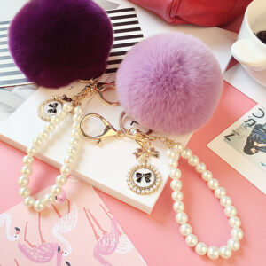 Wholesale Pearl Chain Plush 8cm Fur Ball Keychain