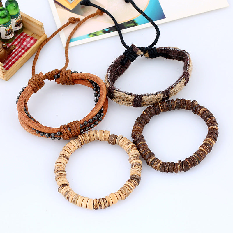 Wholesale Vintage nut Shell Hemp Rope Leather Bracelet
