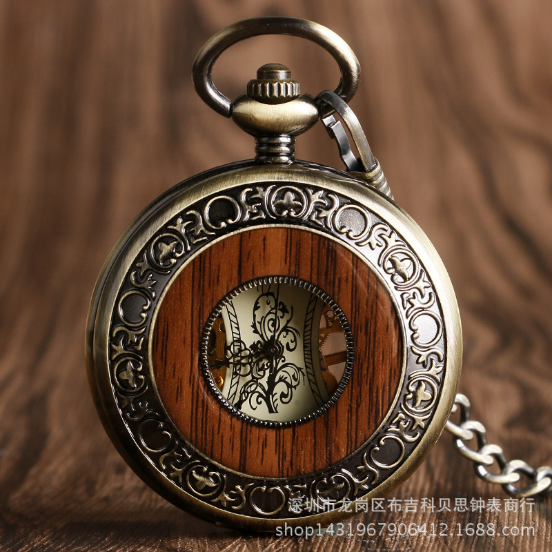 Wholesale Retro wooden ring skeleton large cket watch retro Roman numeral manual mechanical cket watch foreign trade best selling a generation of hair
