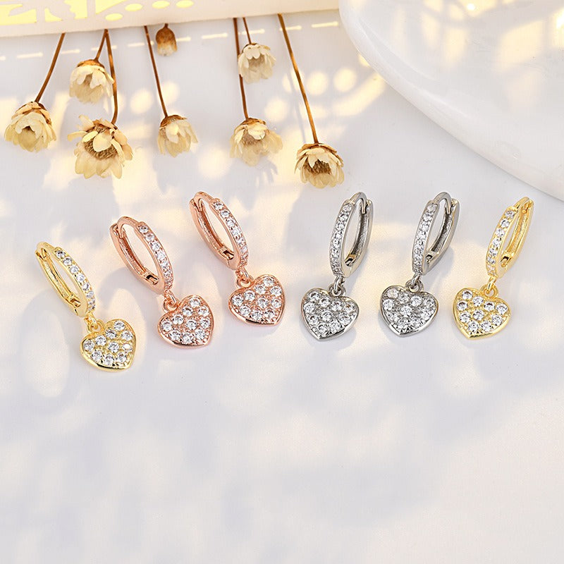 Wholesale Sterling Sier Heart Shaped Earrings Set with Diamonds Love Earrings