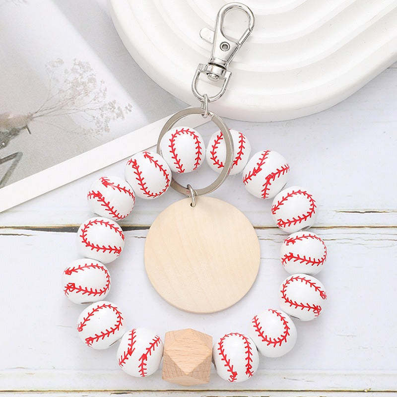Wholesale Srts Style Baseball Wooden Bracelet with Wood Chip Keychain