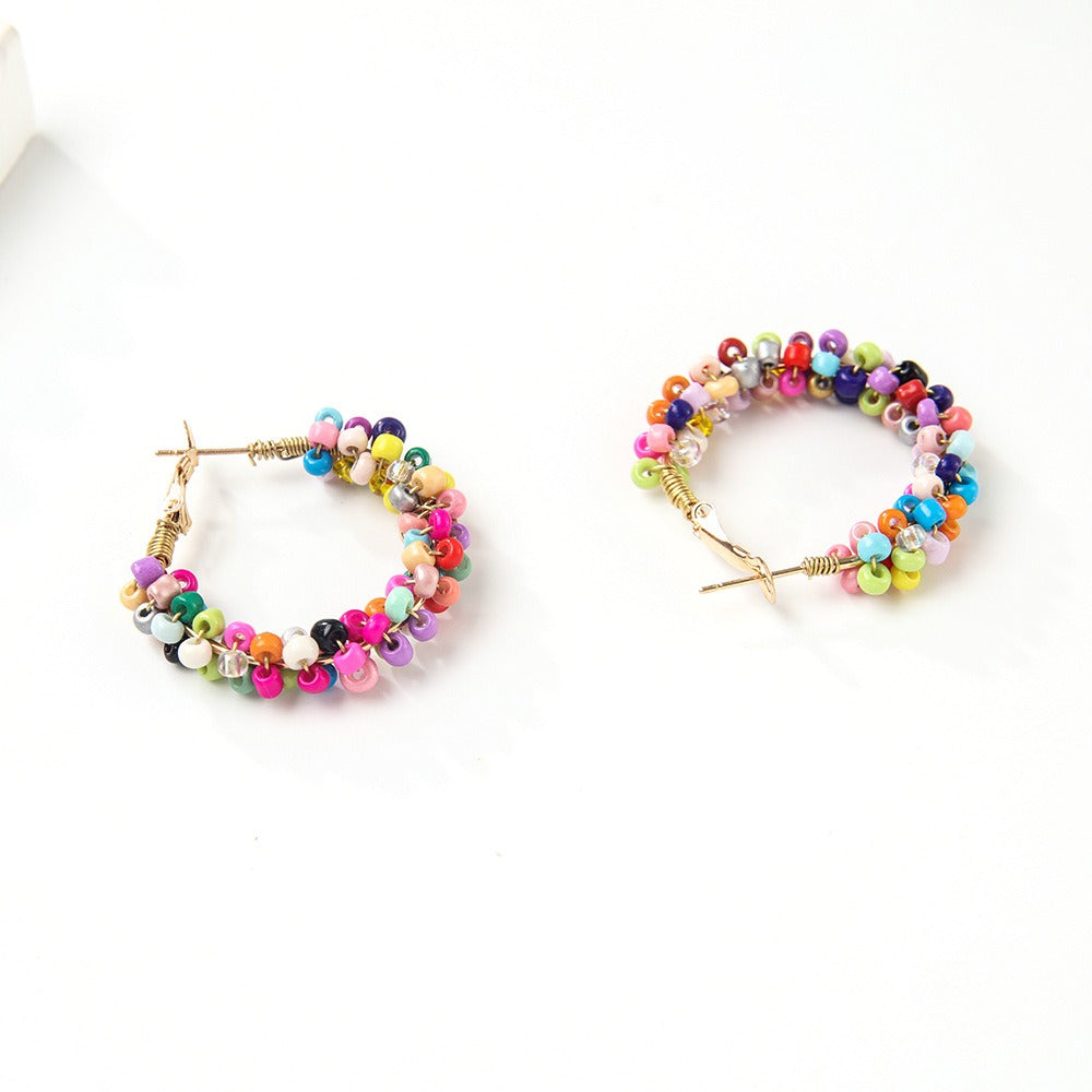 Wholesale Bohemian Colorful Circle Hand Braided Rice Bead Earrings