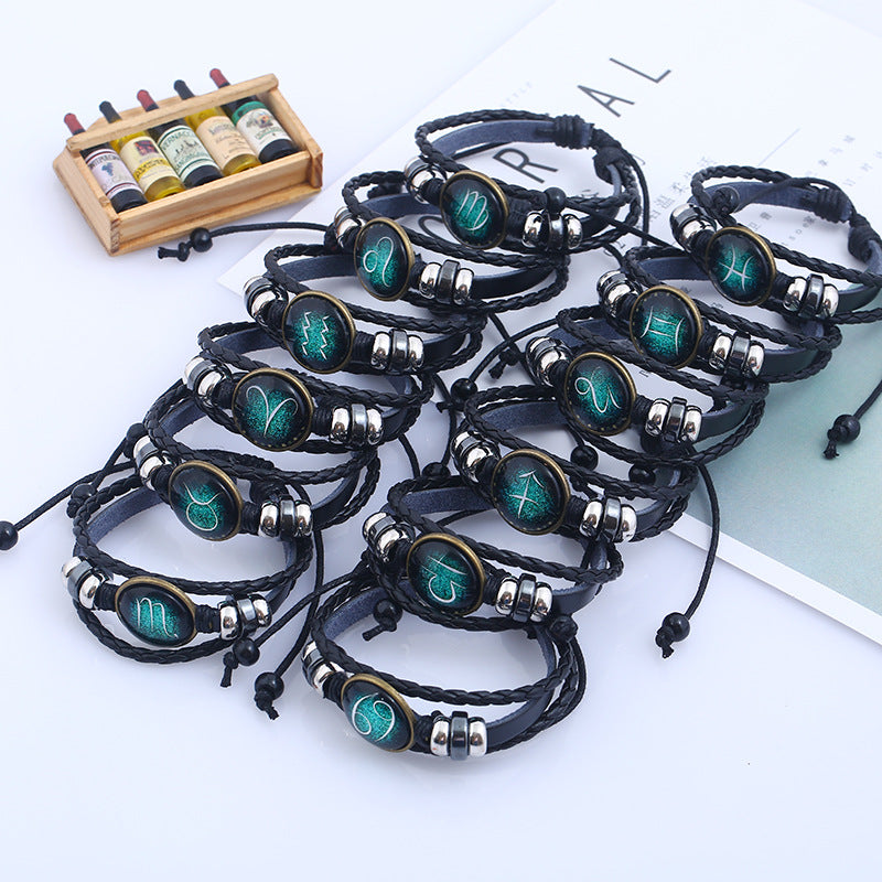 Wholesale Zodiac Sign Handwoven Vintage Leather Bracelet