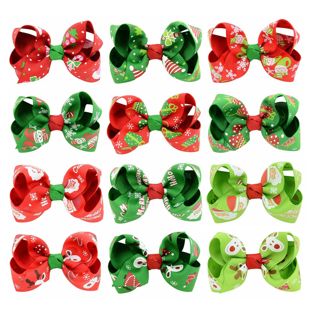 Wholesale Christmas chilen's printed bow baby lyester rib tape hair aessories