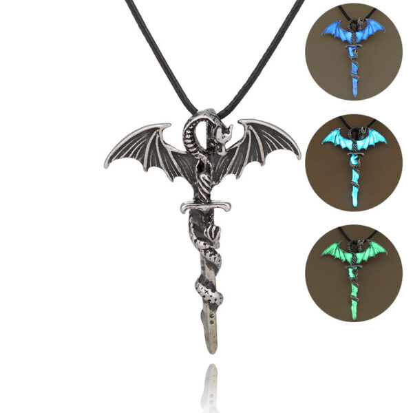 Wholesale Alloy Wing Dragon Ancient Silver Sword Night Glow Leather Rope Necklace
