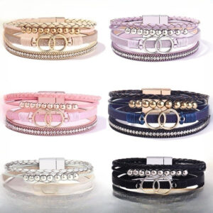 Wholesale Handmade Magnetic Clasp Diamond Encrusted Leather Bracelet