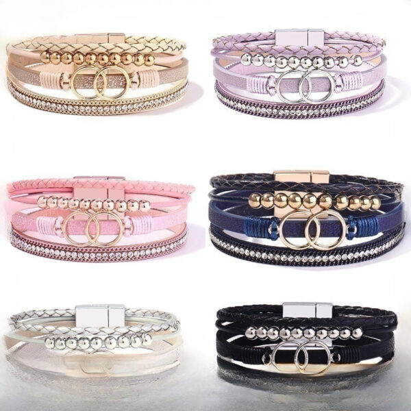 Wholesale Handmade Magnetic Clasp Diamond Encrusted Leather Bracelet
