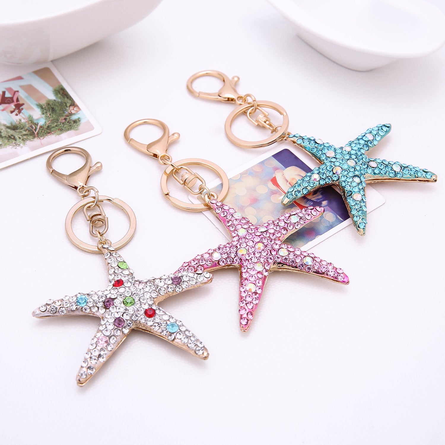 Wholesale Starfish Alloy int Diamond Pendant Keychain