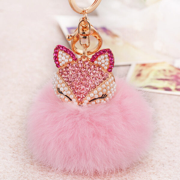 5d6cb66f13dda752501352111a25feb8 Wholesale Diamond Fox Head Rabbit Hair Hairball Zinc Alloy Keychains
