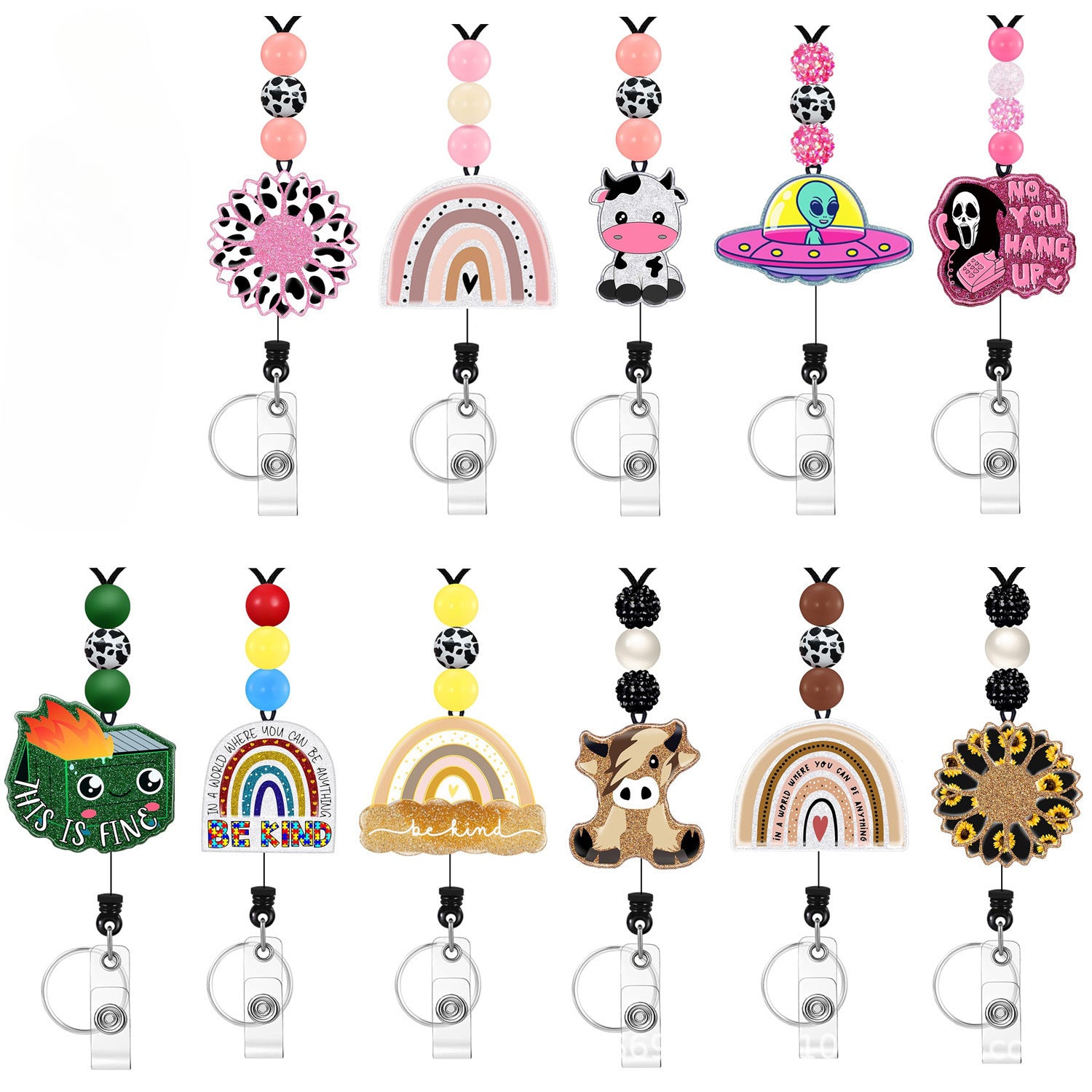 Wholesale Badge Reels Cow Leopard Print West Highland Cow Rainbow Suower Card Holder Silicone Beaded Lanyard Retractable Keychain