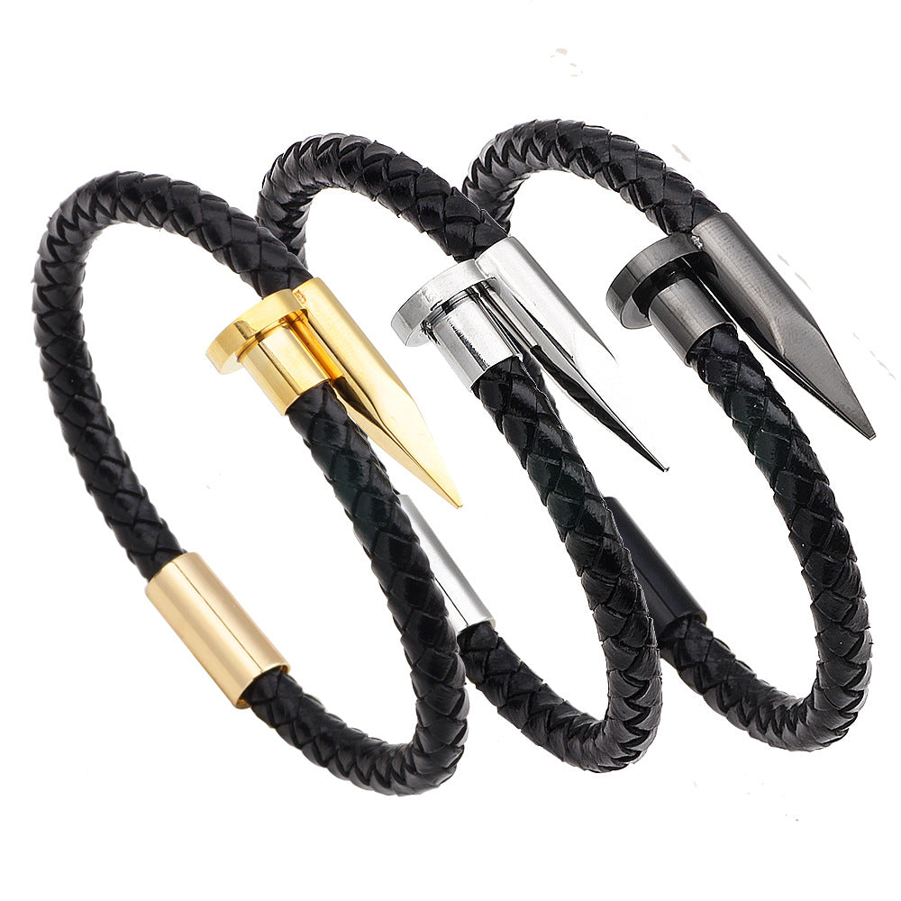 Wholesale Stainless Steel Nails Leather Bracelet
