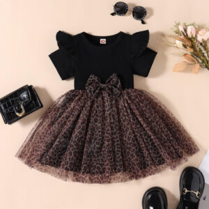 Wholesale Children's Short Sleeved Leopard Print Mesh Bow Cotton Dresses