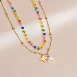Wholesale Titanium Steel Double -layer Color Crystal String Beads Pearl Necklace