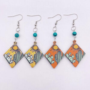 Wholesale Western Style Turquoise Cactus Sunset Wooden Earrings