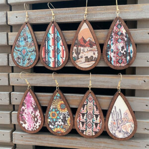 Wholesale Western Vintage Water Drop Pattern Wooden Earrings