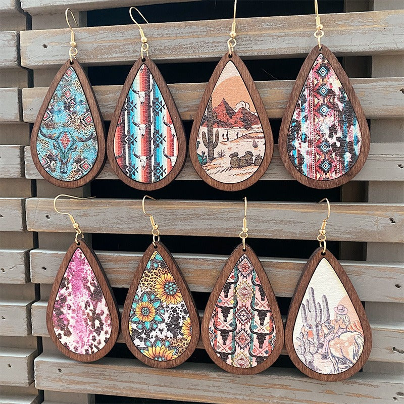 Wholesale Western Vintage Water op Pattern Wooden Earrings