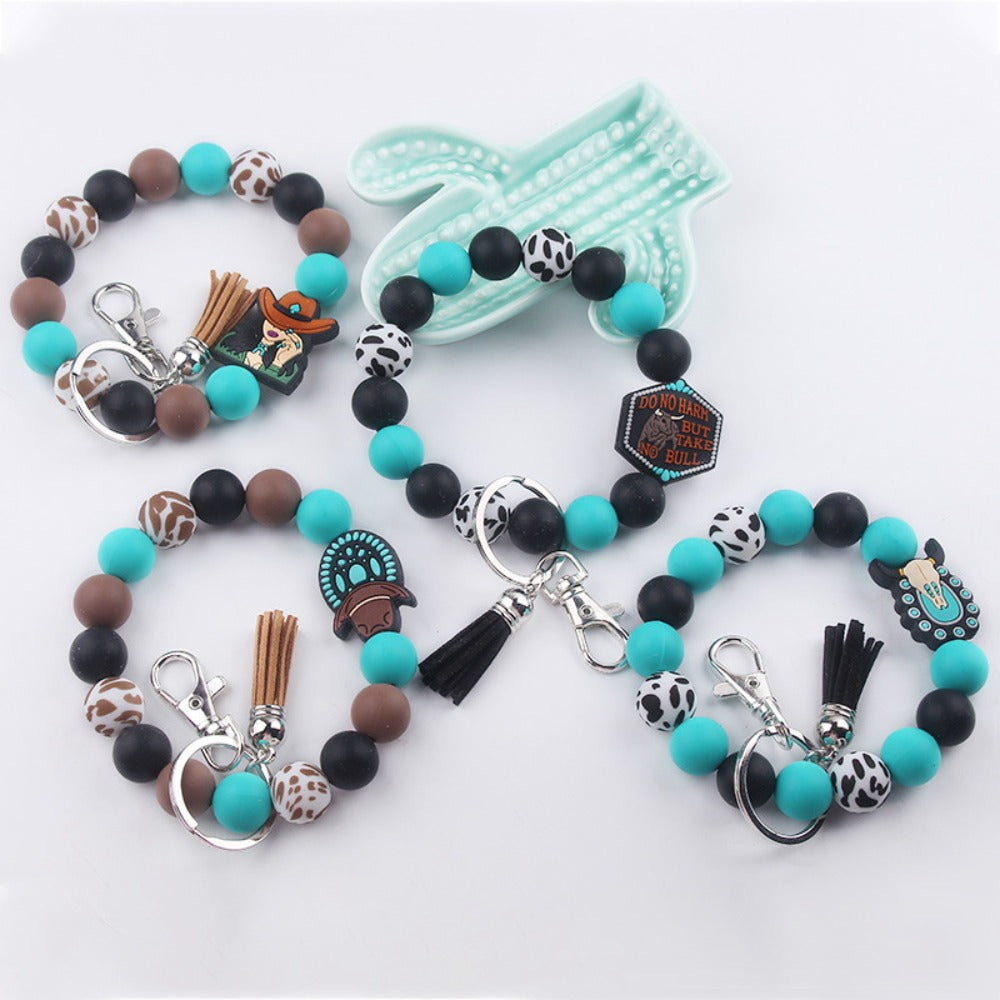 Wholesale Cartoon Western Style Cow Head Silicone Beaded Wrist Keychain