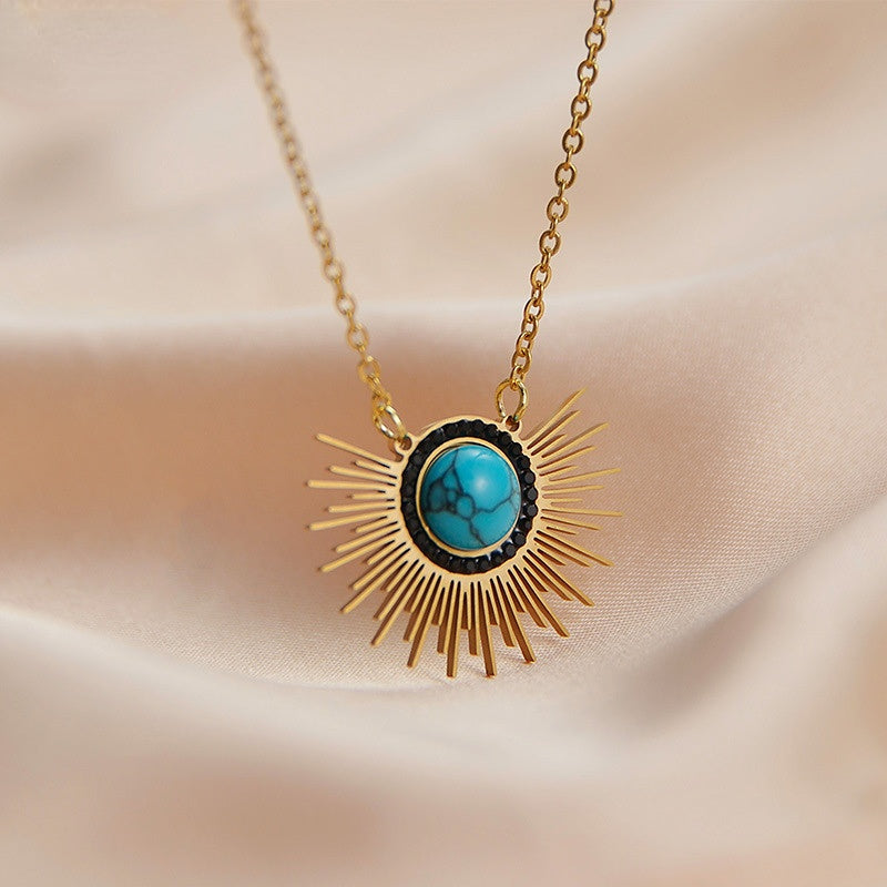 Wholesale Titanium Steel Suower Turquoise Pendant Necklace