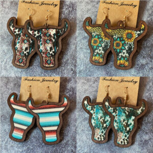 Wholesale Western Vintage Bull Head Inlaid Wooden Earrings