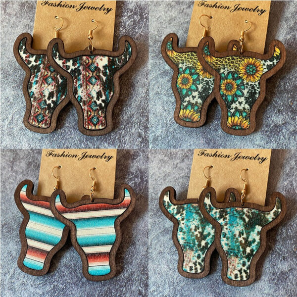 75b798178c7462b327408ed84891e0da Wholesale Western Vintage Bull Head Inlaid Wooden Earrings