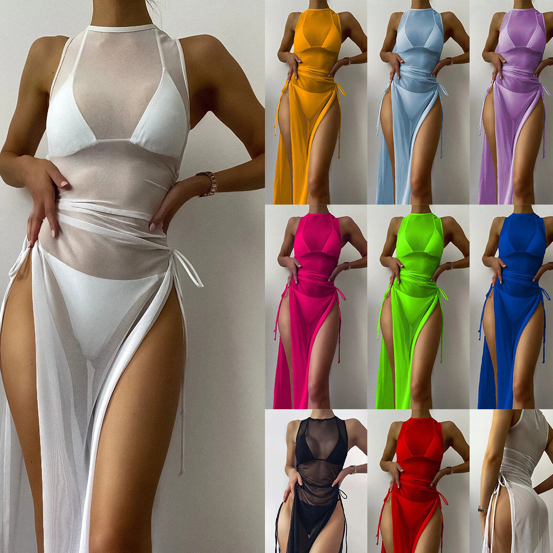 Wholesale Three ints Solid Color Mesh lyester Swimwear